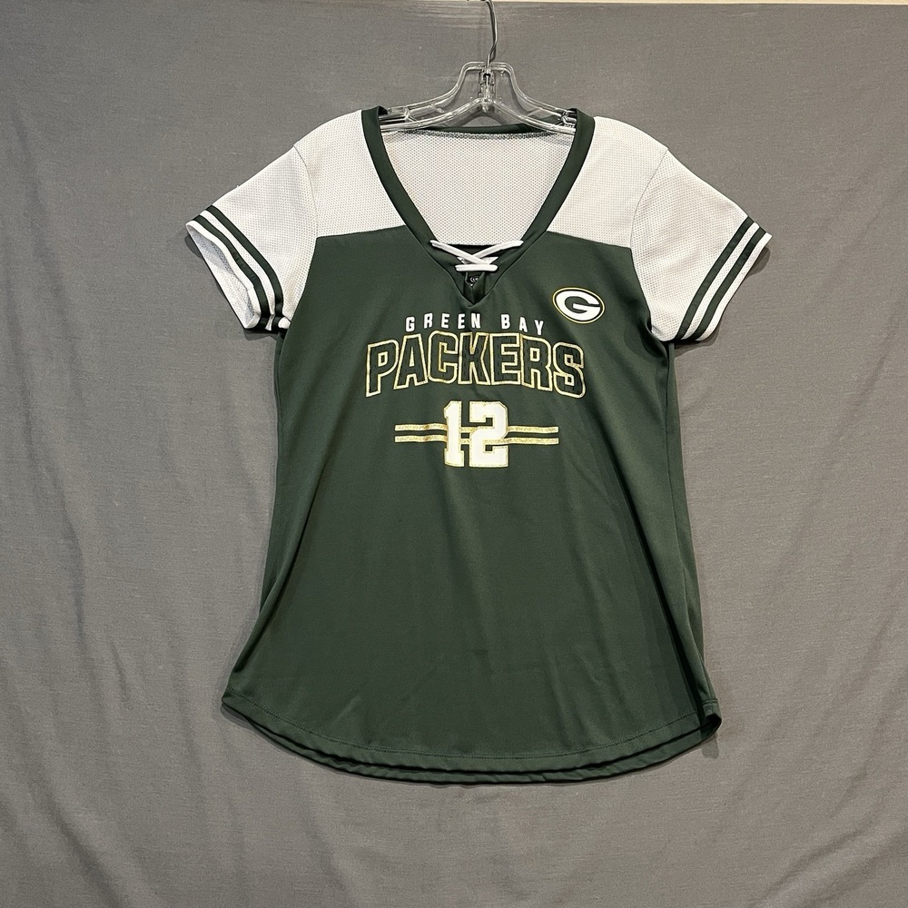NFL Team Apparel Jersey Shirt Womens L Green Aaron Rodgers Packers 12 Glitter